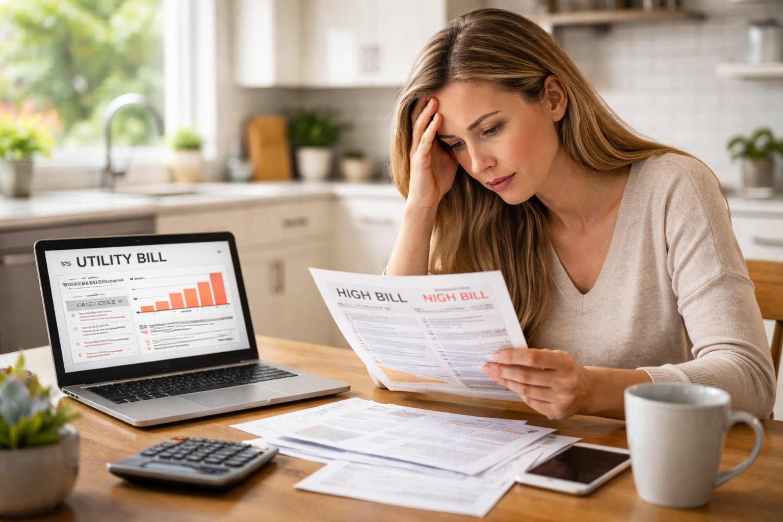 A homeowner reviewing a high utility bill at a kitchen table.