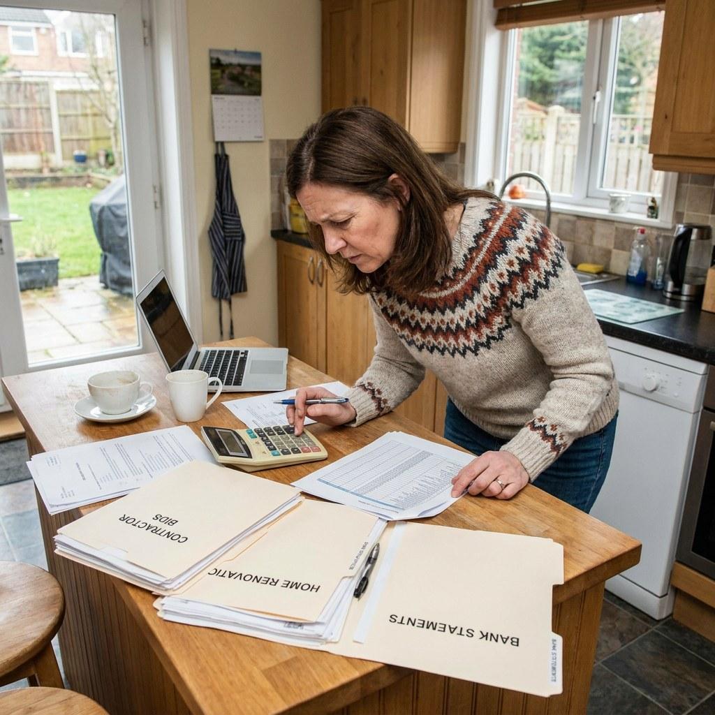 Homeowner reviewing contractor estimates and planning a budget on a kitchen counter