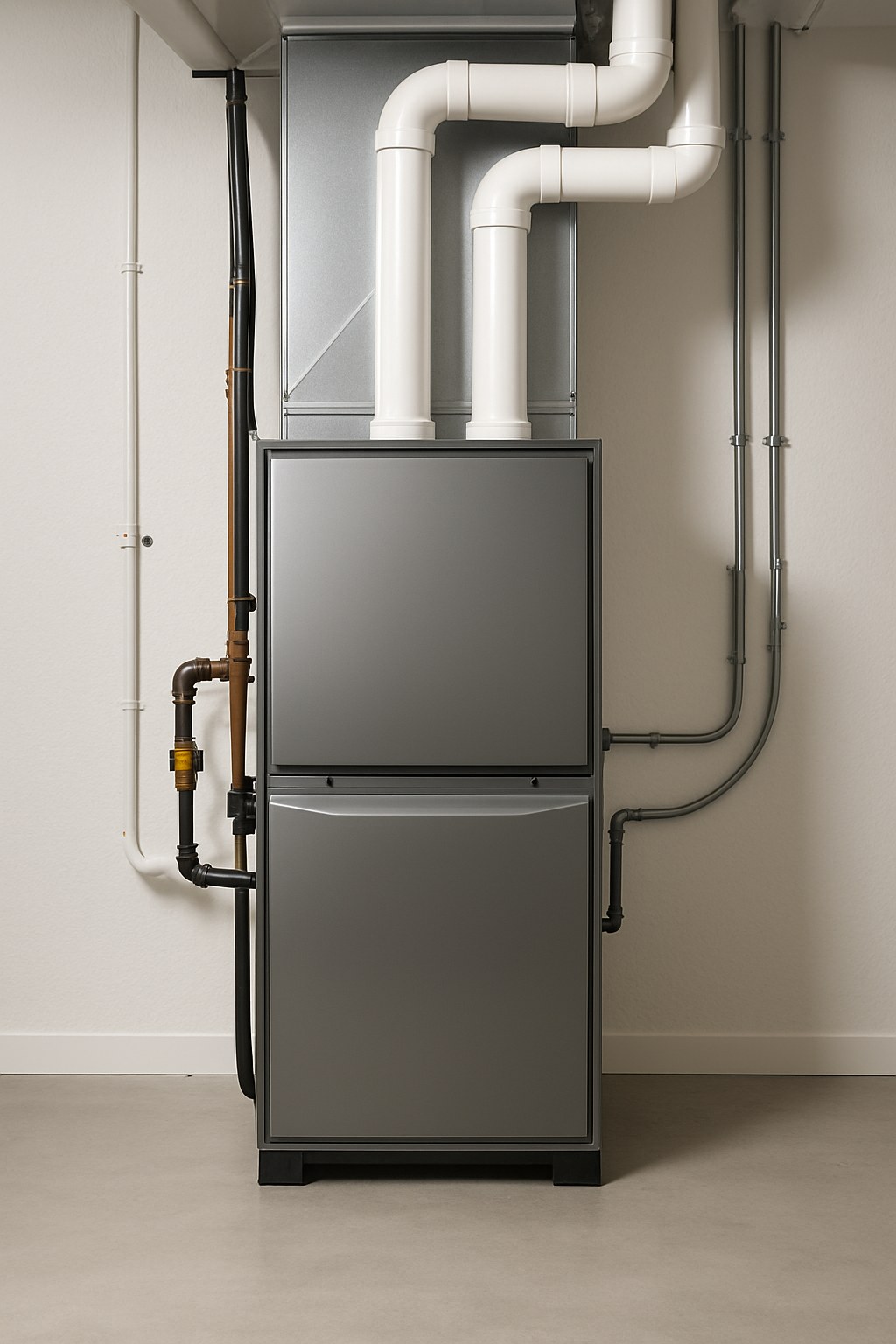 A clean and modern high-efficiency furnace in a residential basement.