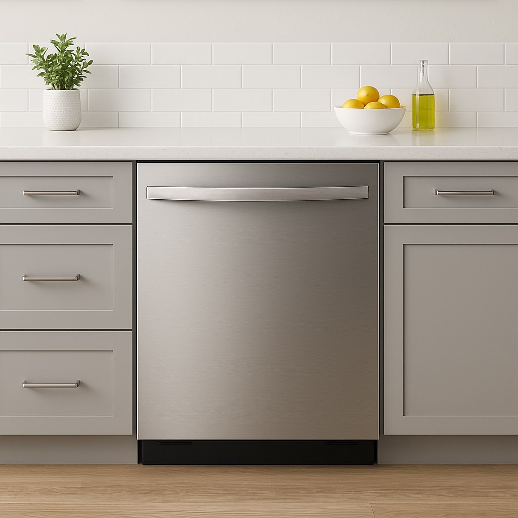 A sleek, modern dishwasher installed in a kitchen cabinet.