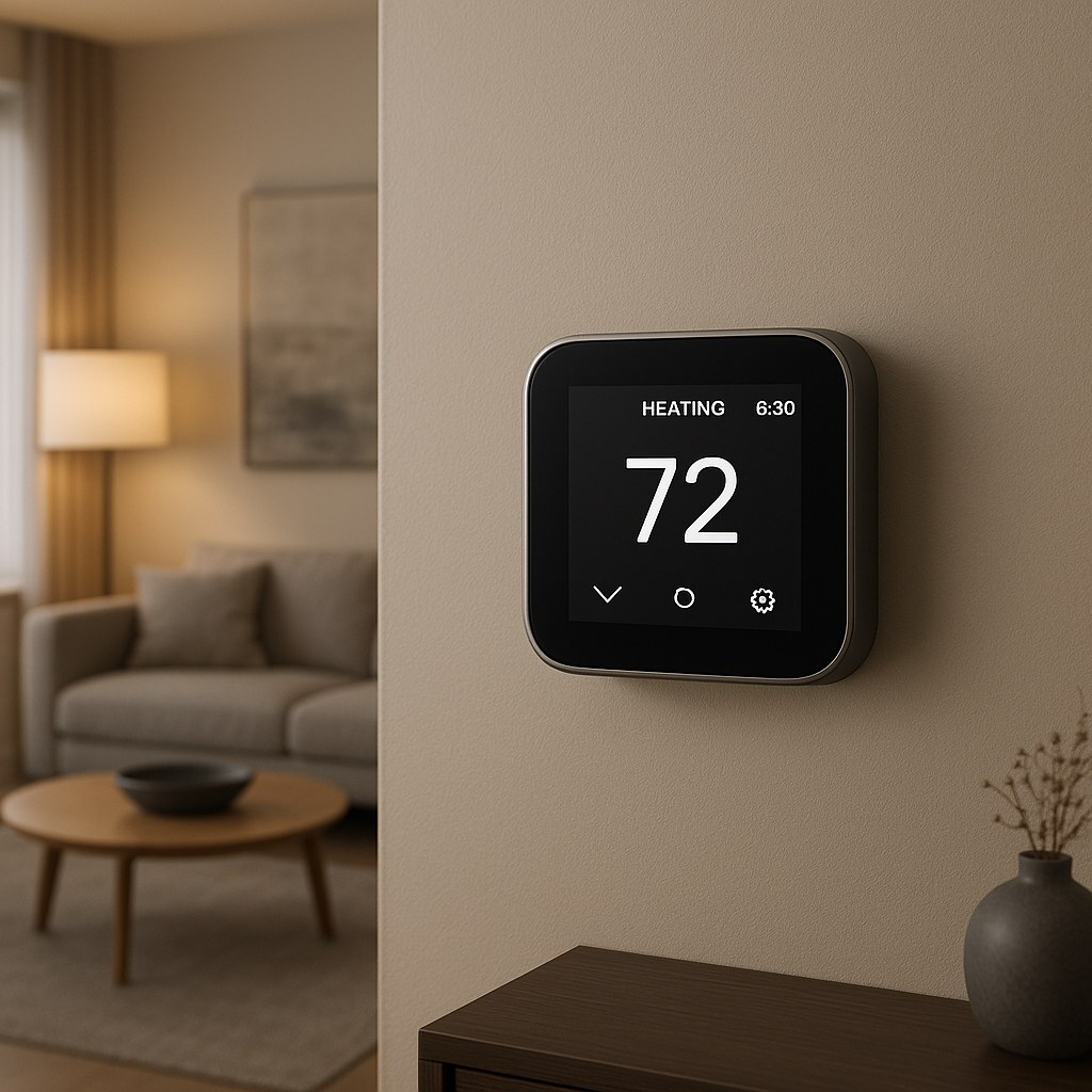 A newly installed smart thermostat displaying the temperature.