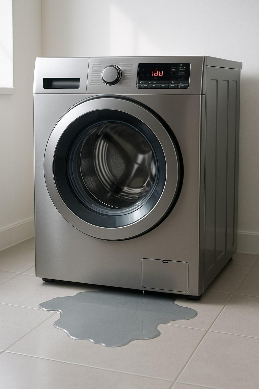 A washing machine with a puddle of water on the floor in a laundry room.