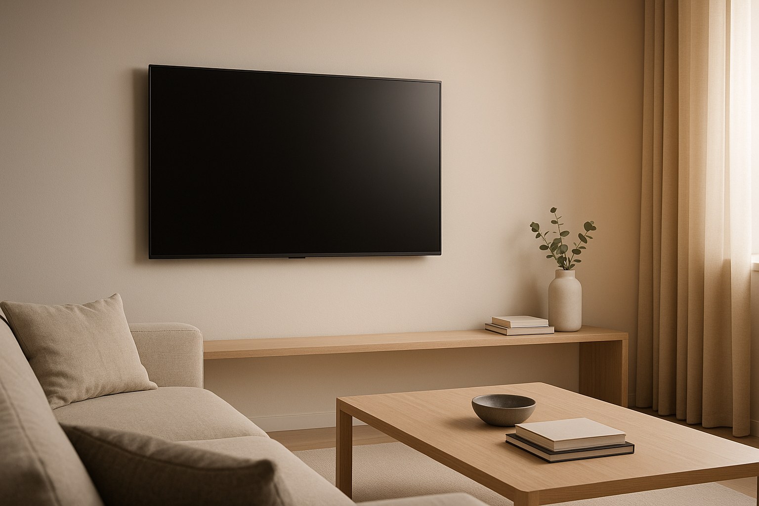 A modern television mounted on a wall in a stylish living room