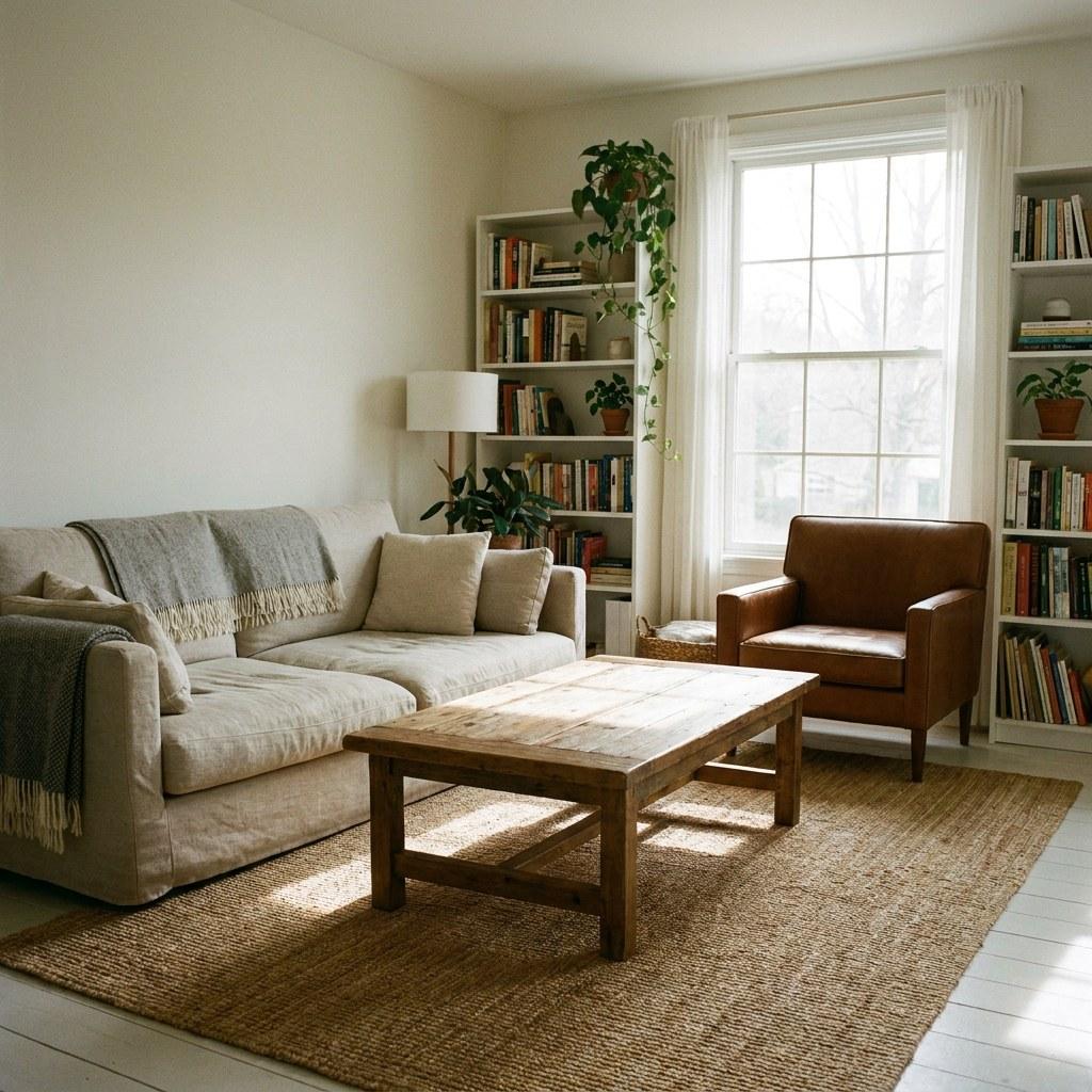 A clean and organized living room setting representing stress-free home management