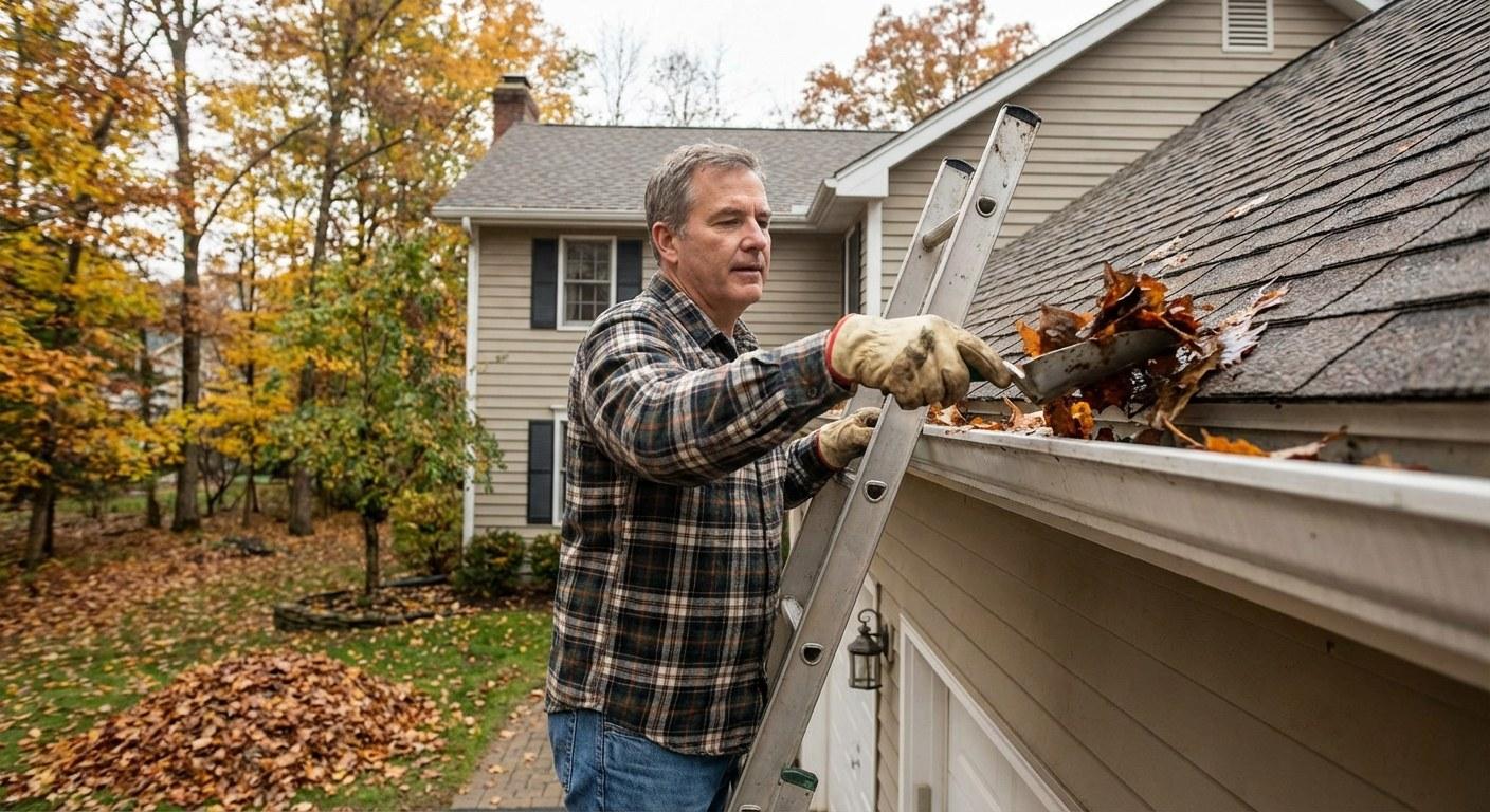 Homeowner using a scoop to remove leaves from a roof gutter