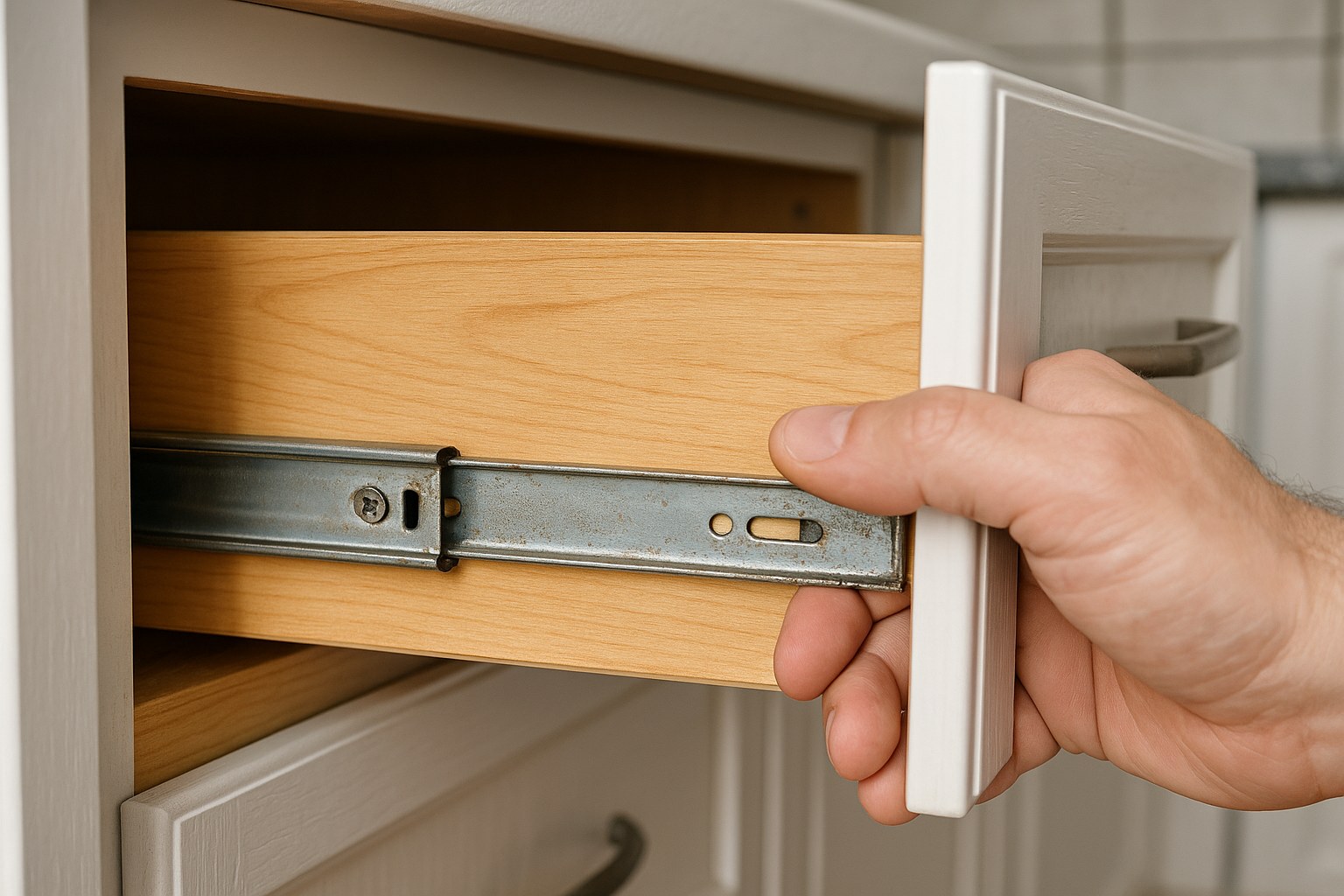 A person inspecting the metal slide of a noisy drawer