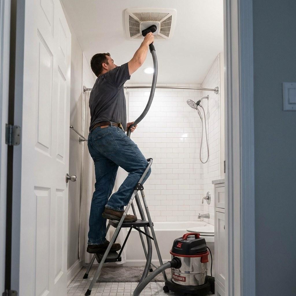 A homeowner cleaning a bathroom exhaust fan cover with a vacuum attachment
