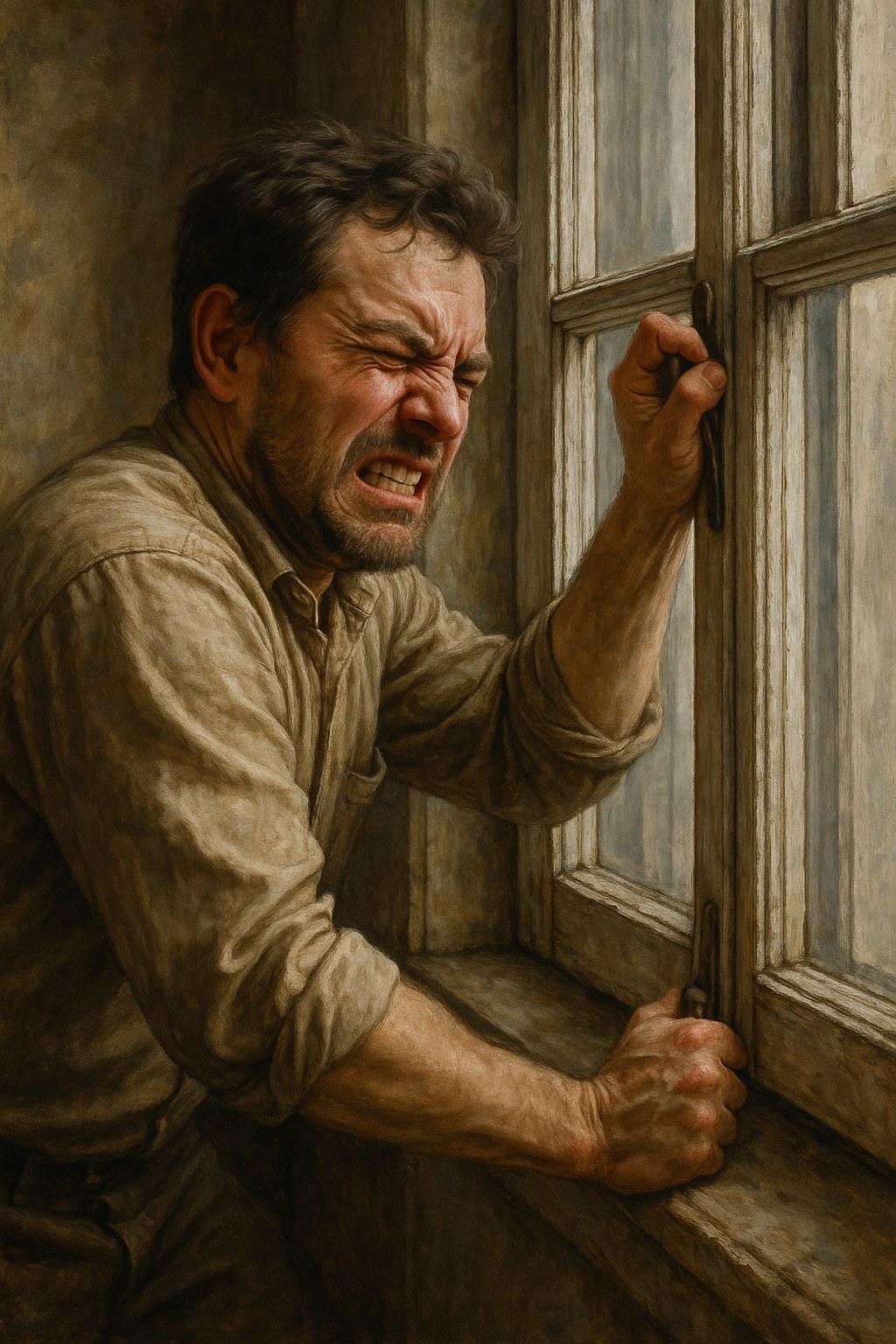 A person applying effort to open a stuck window in their home.