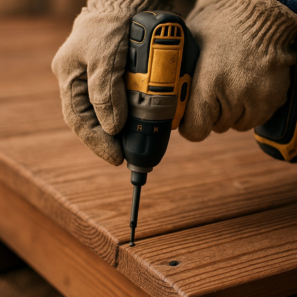 Person fixing loose deck stairs with a drill.