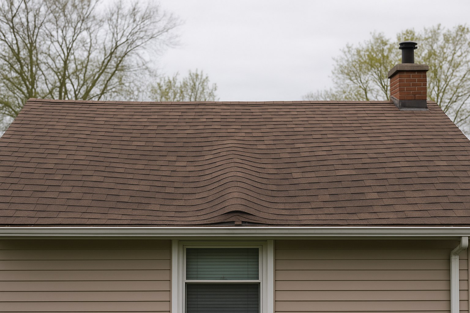A residential house with a visibly sagging roofline