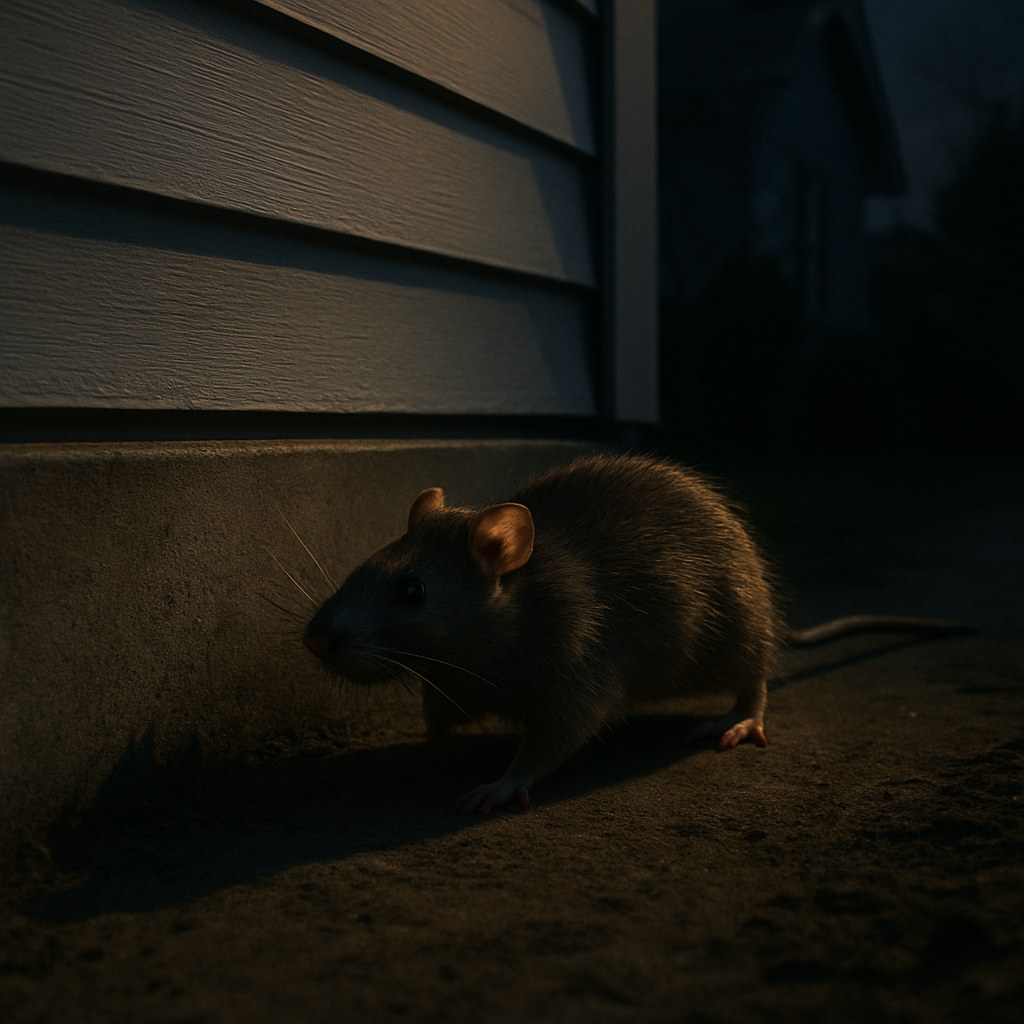 A rat seen outside a house near some bushes