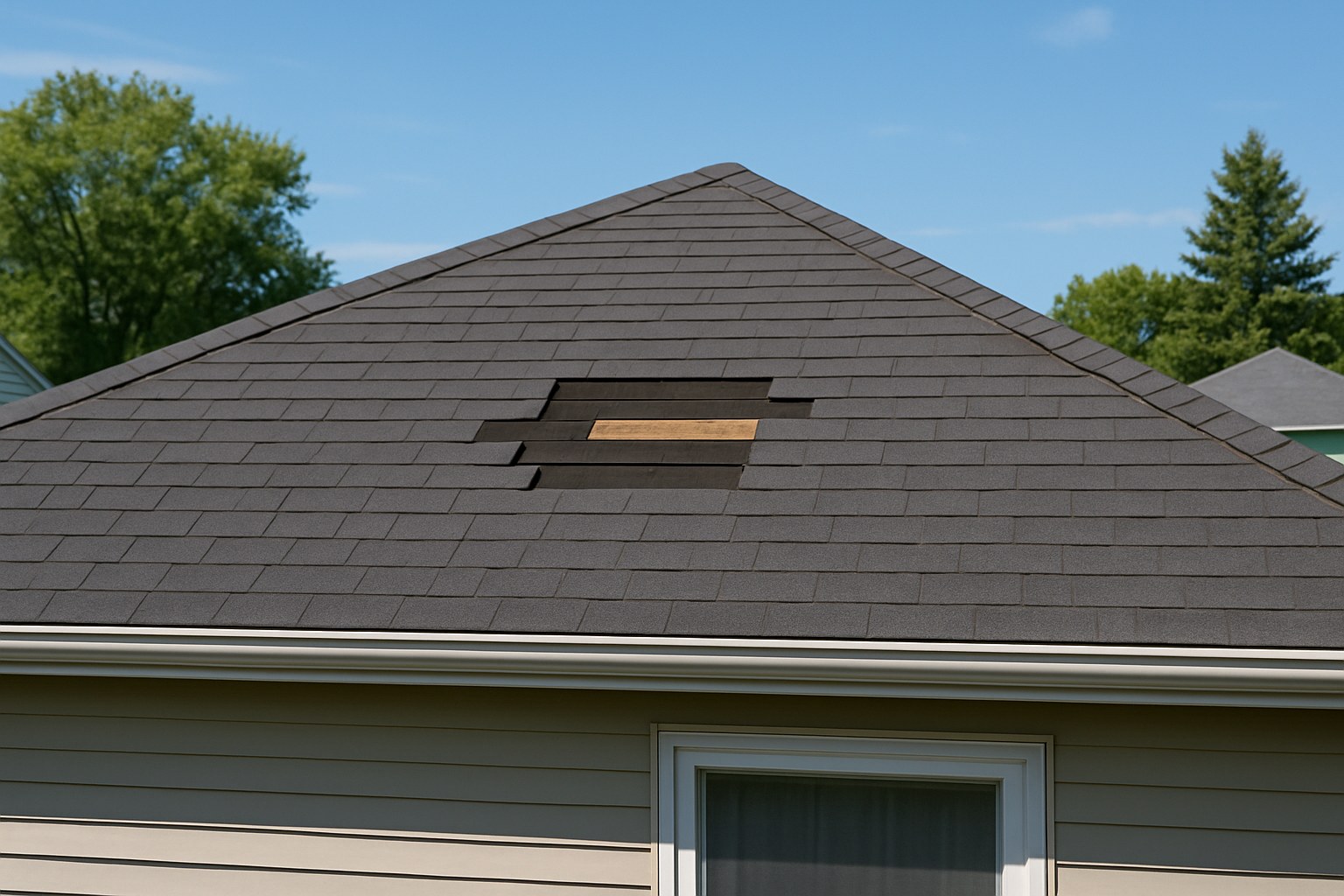 A residential roof with a small patch of missing asphalt shingles.