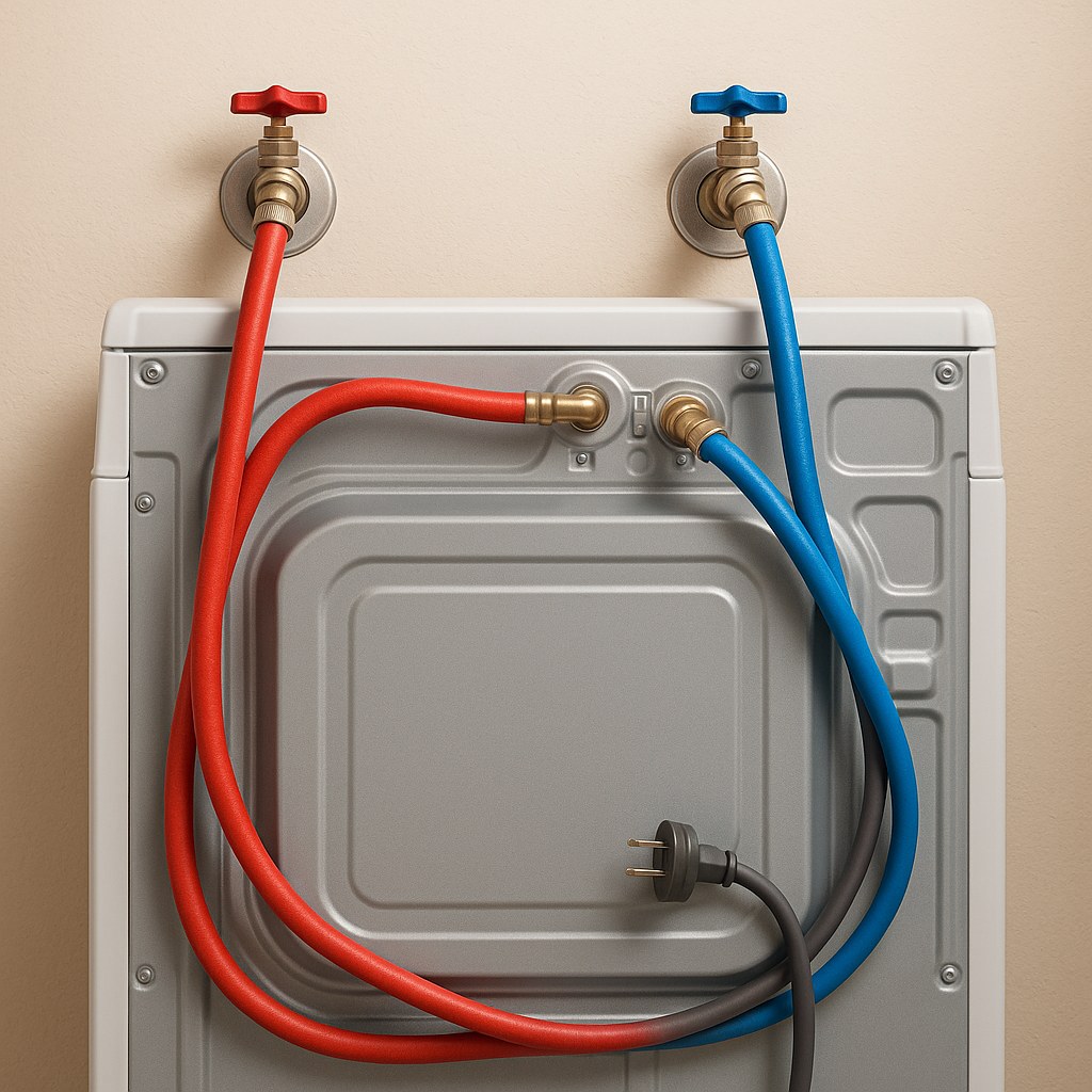 Hot and cold water supply hoses connected to the back of a washing machine.