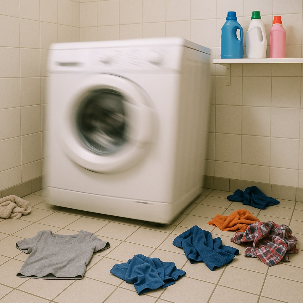 A washing machine vibrating and shaking during its spin cycle.