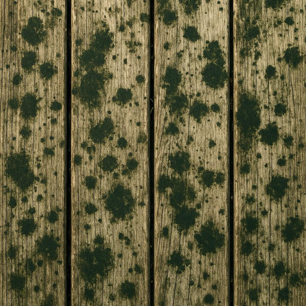 Close-up of mold growing on a weathered wooden deck