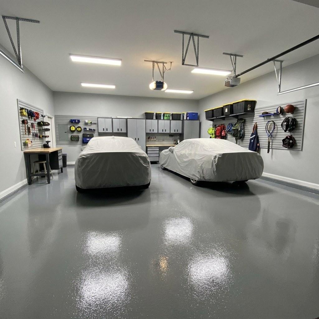 A finished two-car garage with epoxy floors and organized storage systems