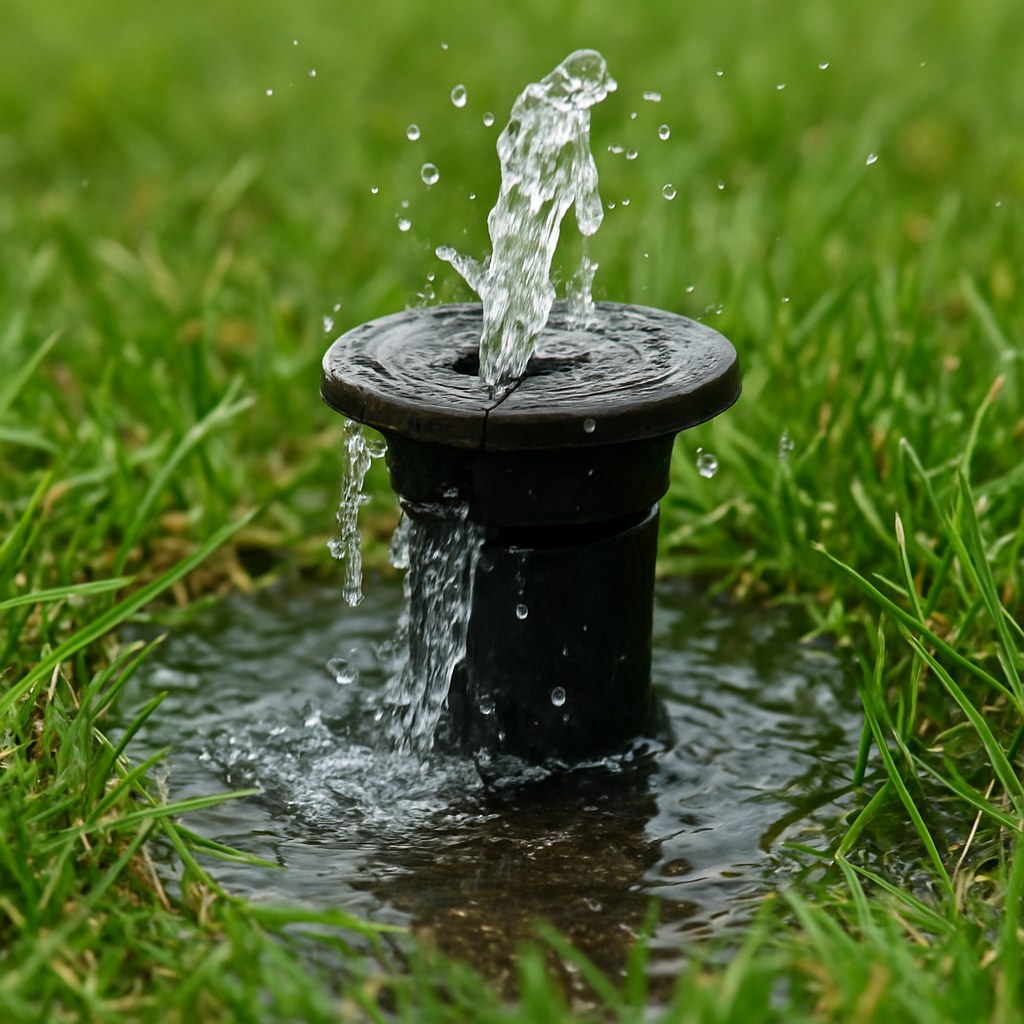 A broken sprinkler head leaking water onto a lawn
