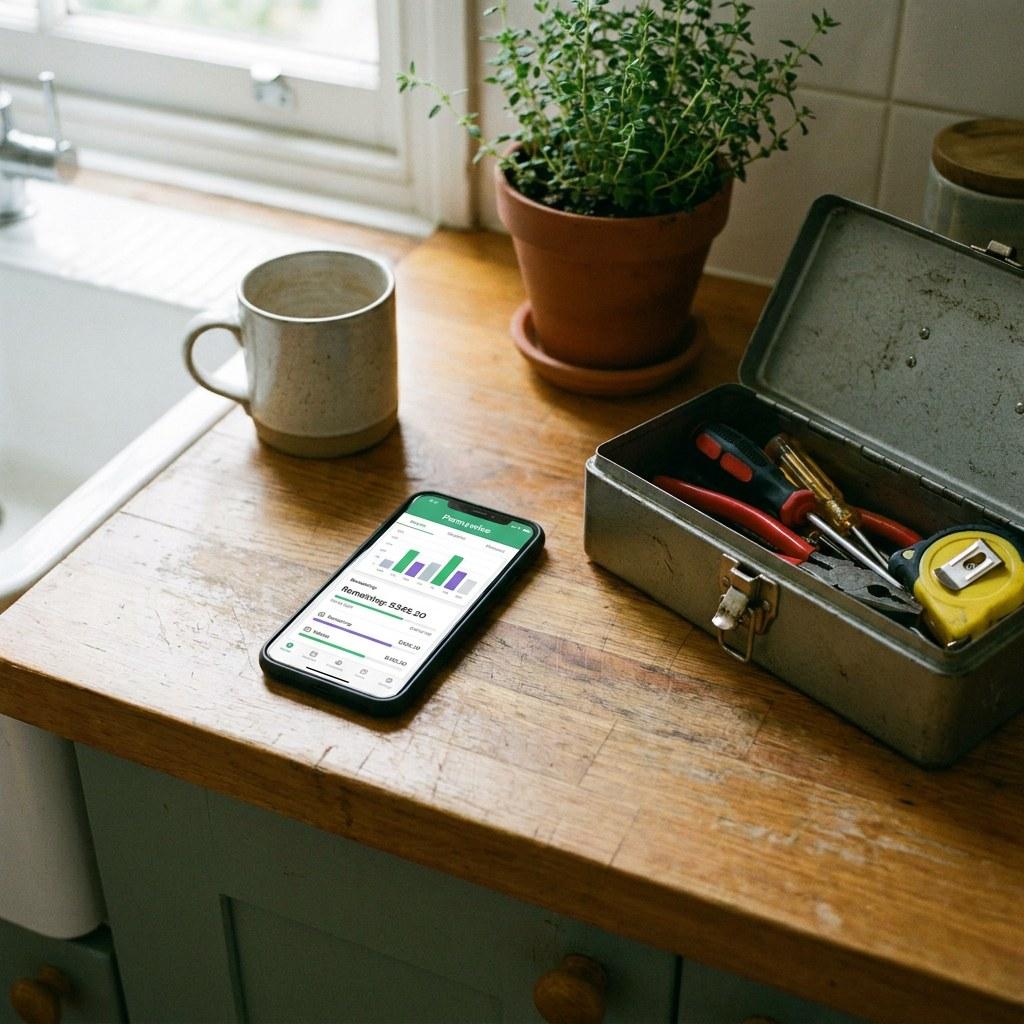 A smartphone displaying a budget spreadsheet sitting on a kitchen counter near a small toolbox