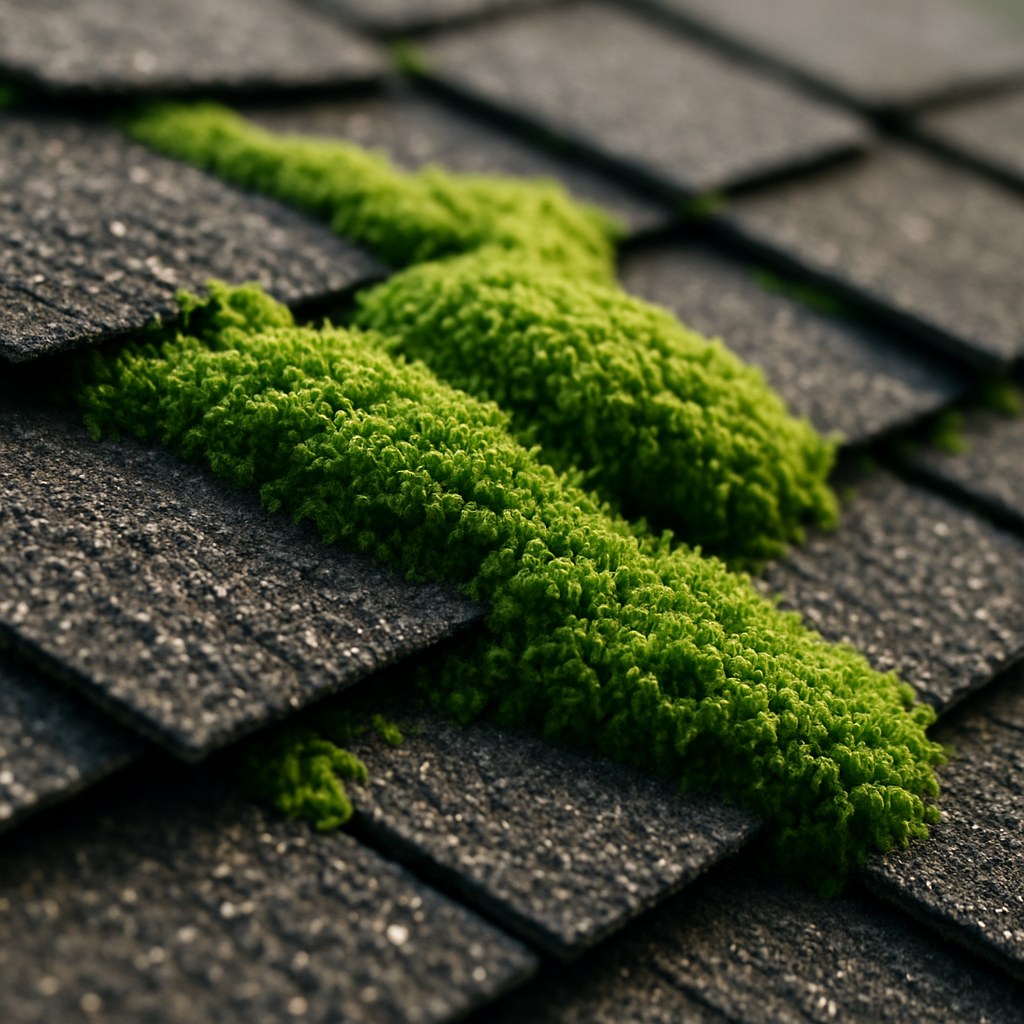 A roof with green moss growing on the shingles.