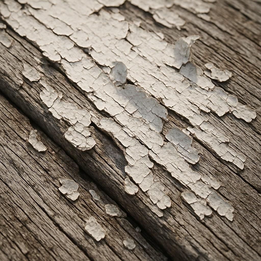 Close-up of cracked and peeling paint on a wooden deck