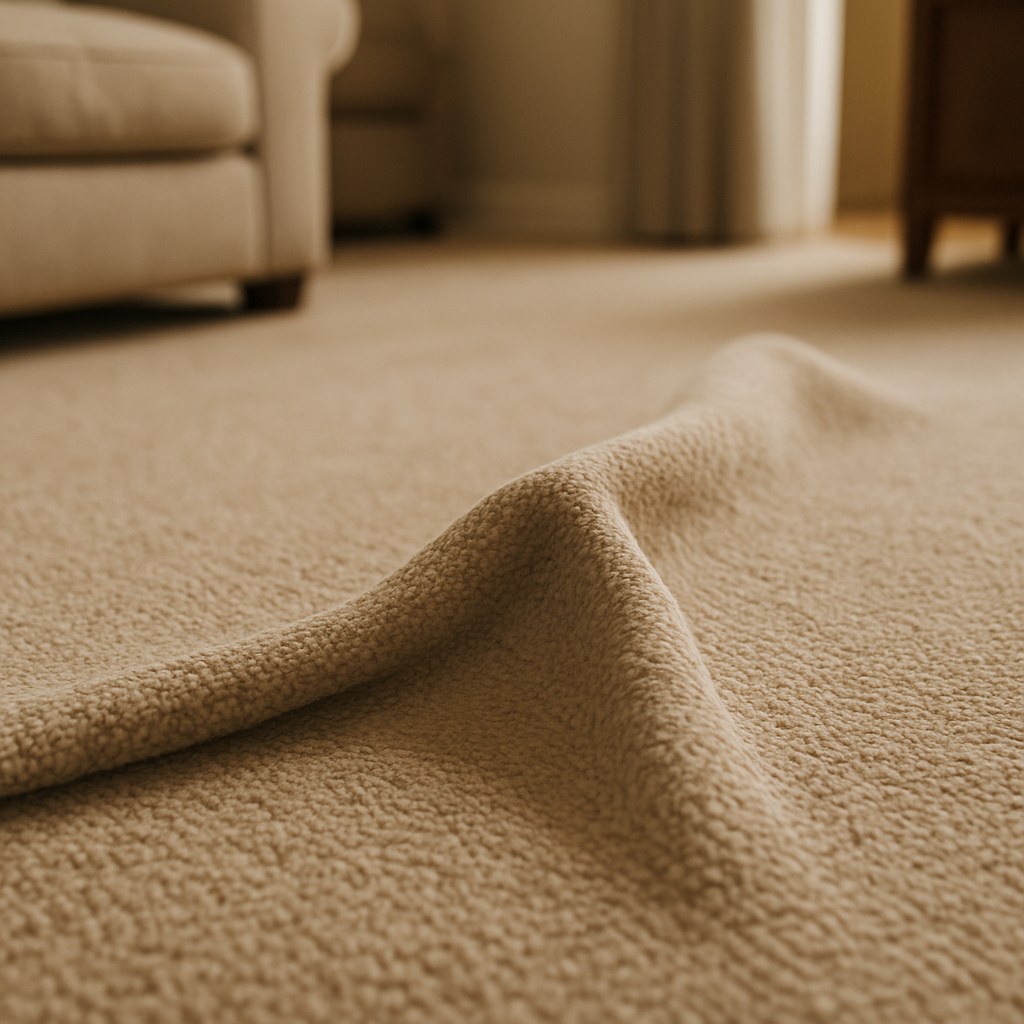 A large wrinkle running across a beige carpet in a home.