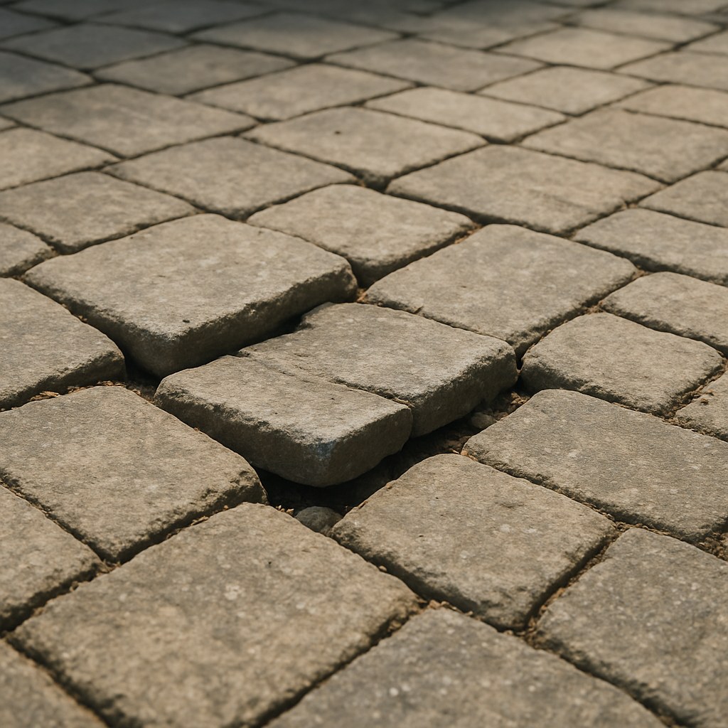 An uneven paver patio with several sunken and wobbly stones