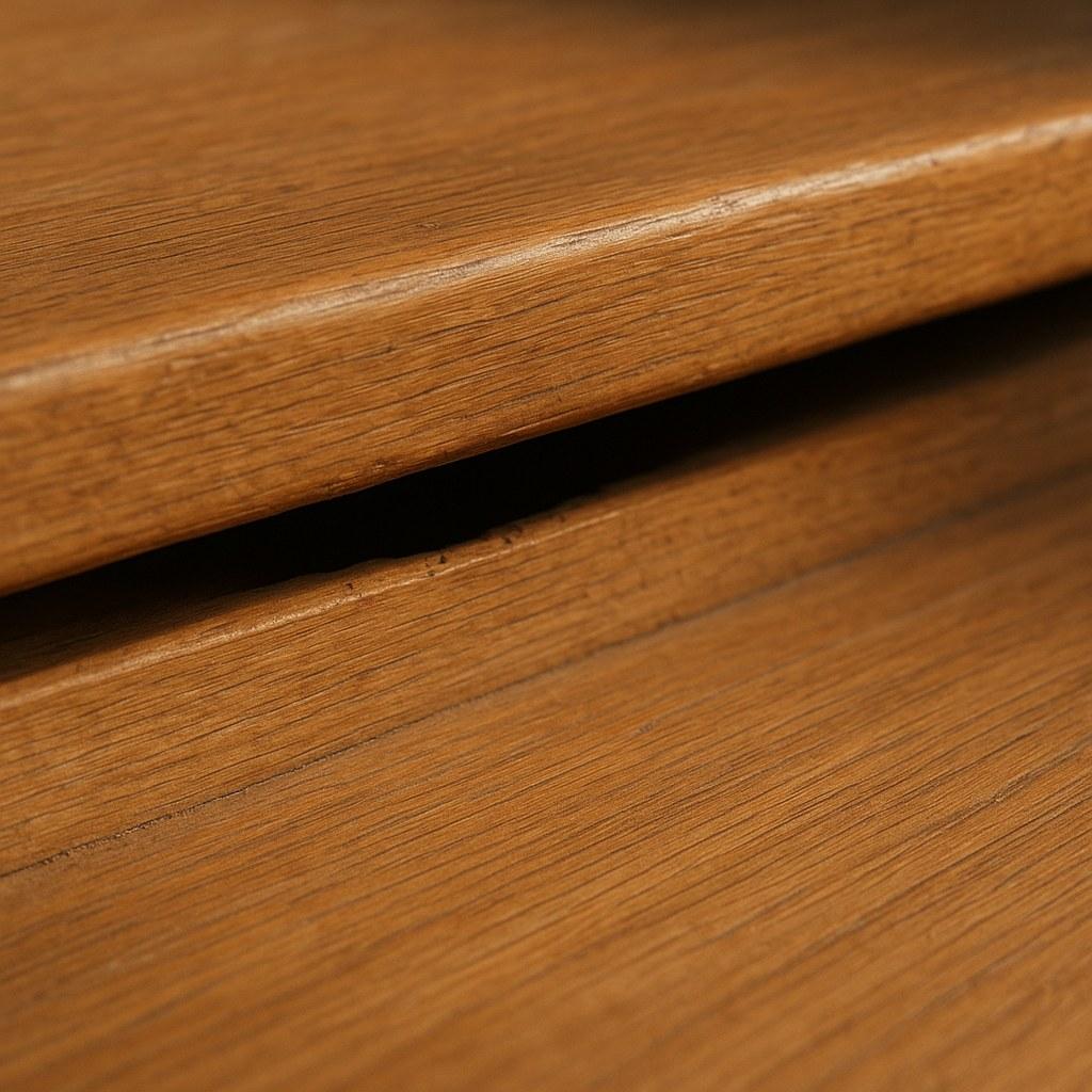 A gap between a wooden stair tread and riser