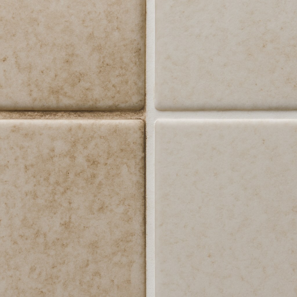 A before and after comparison of stained tile grout and clean tile grout