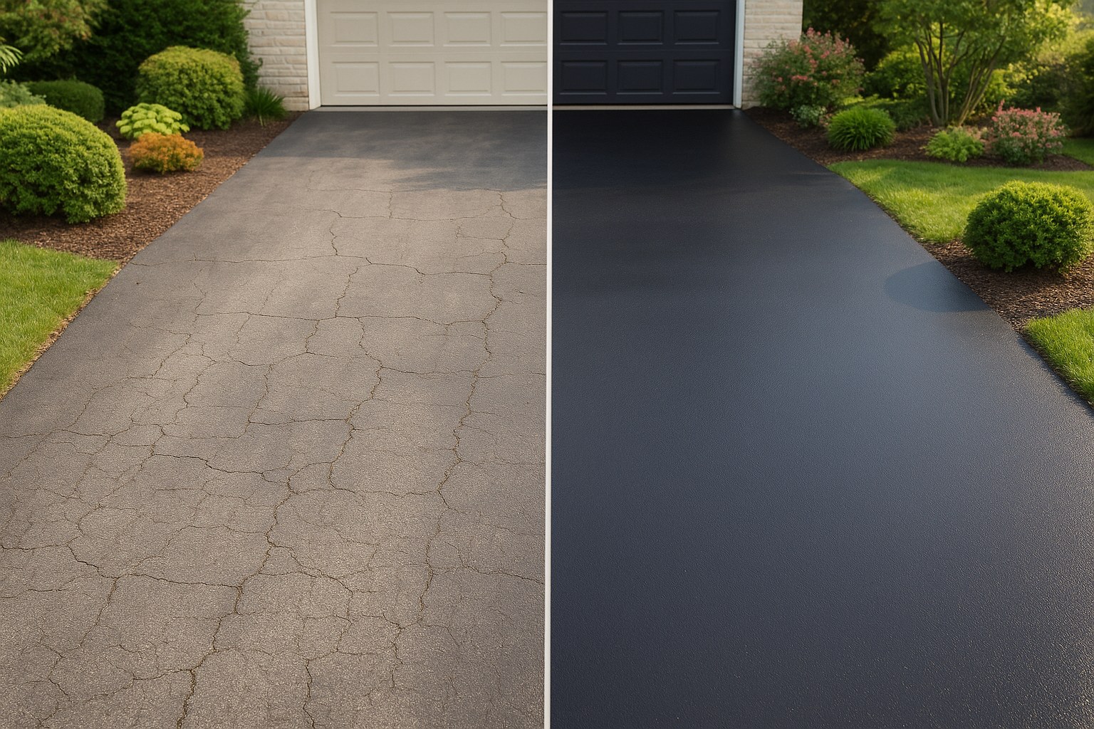 A split image showing a faded driveway on one side and a freshly sealed, dark driveway on the other.