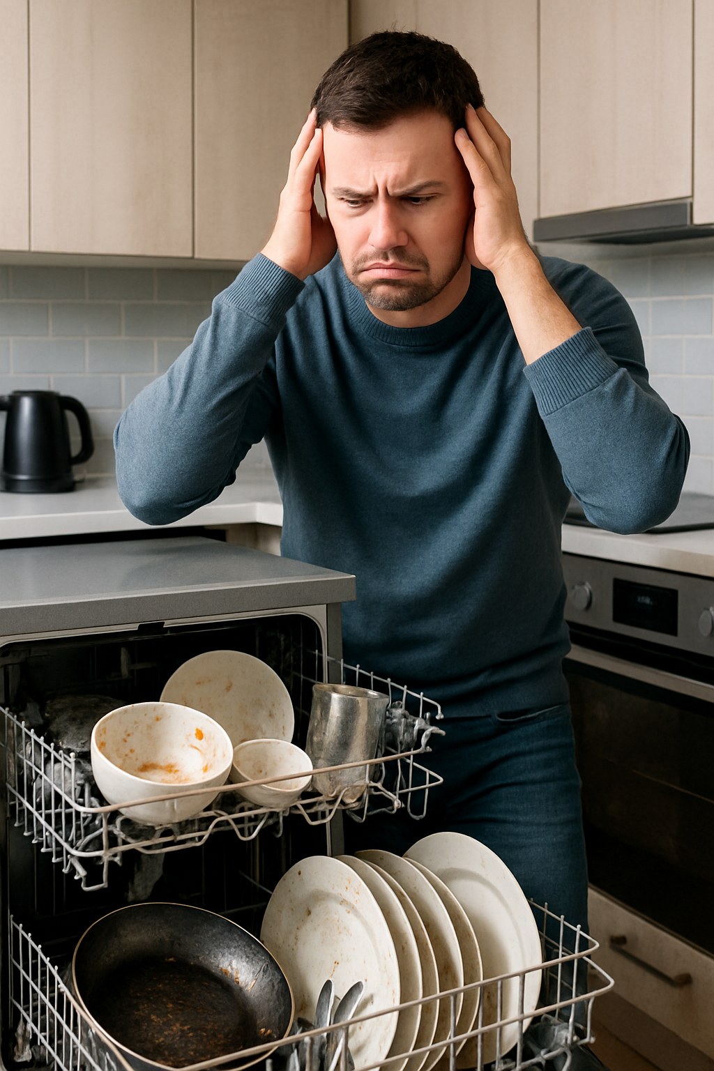 A dishwasher open after a cycle with dirty dishes still inside.