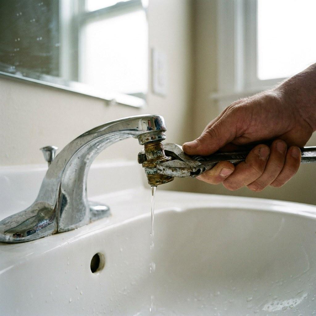 A close up view of a hand unscrewing the tip of a bathroom sink faucet
