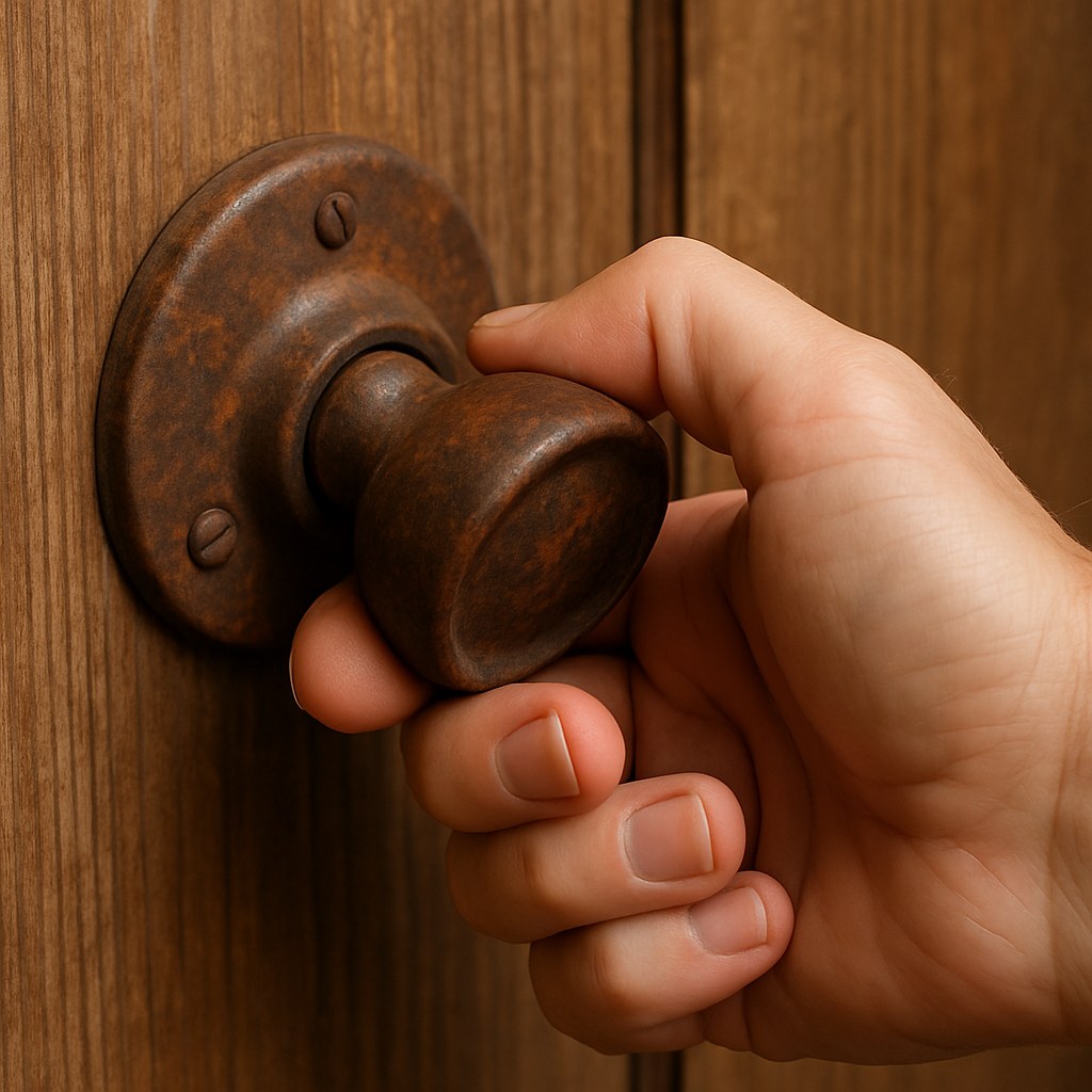 A hand demonstrating a loose and wobbly door knob.