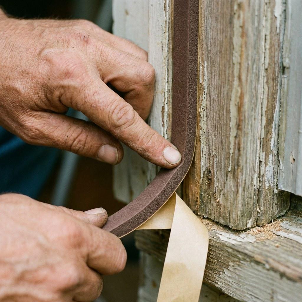 Homeowner applying new weatherstripping to a door frame to prevent drafts