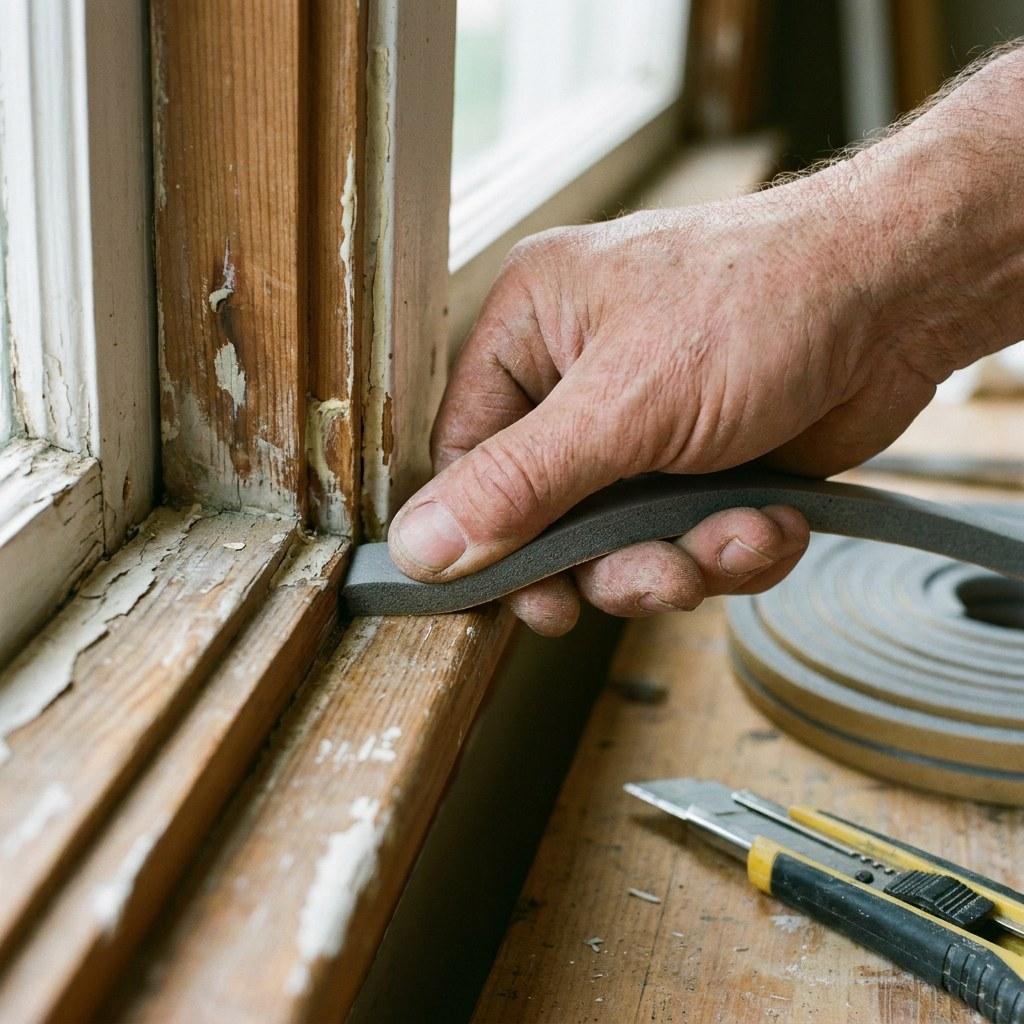 Applying new weatherstripping to a door frame to seal out drafts