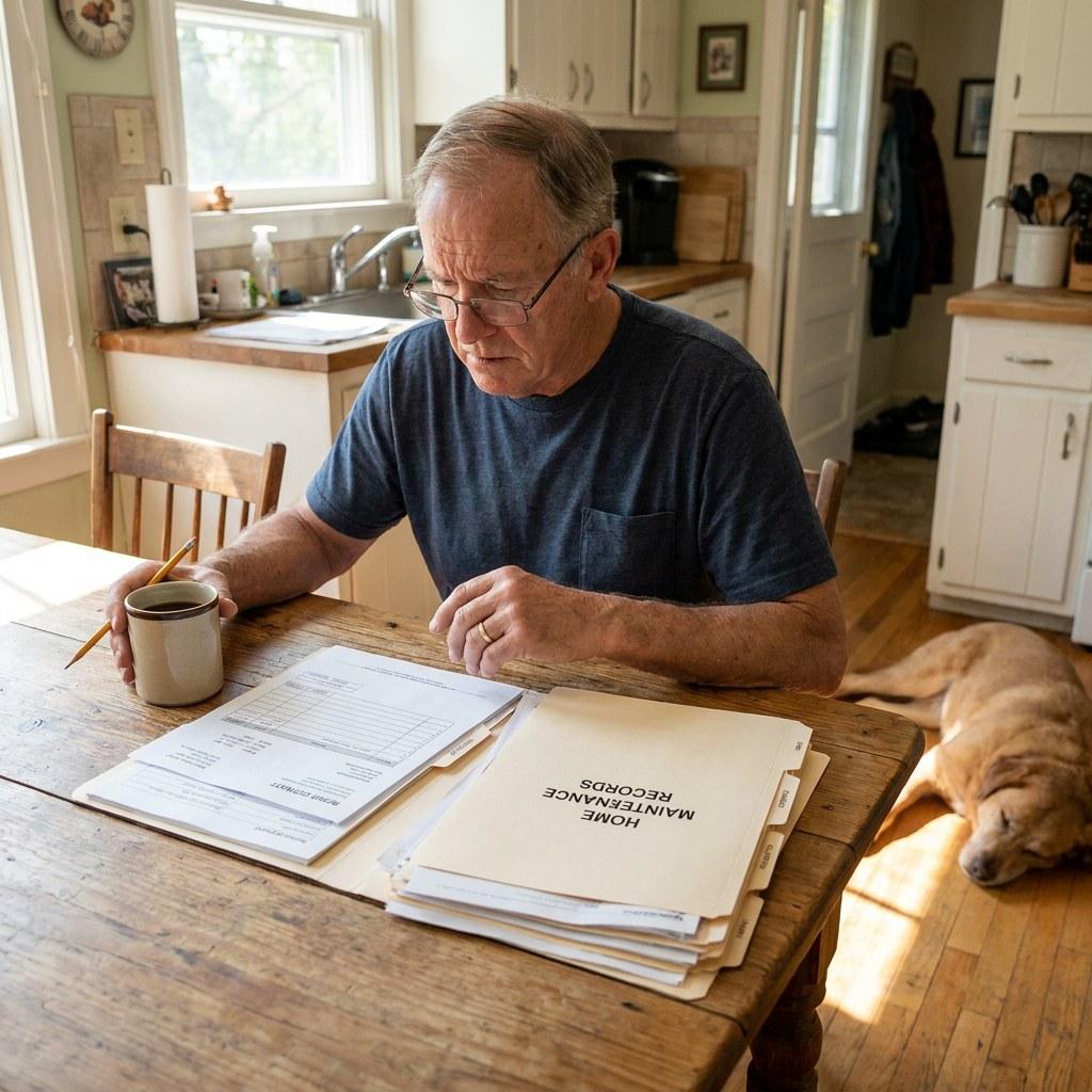 Homeowner reviewing paperwork and repair estimates at a kitchen table