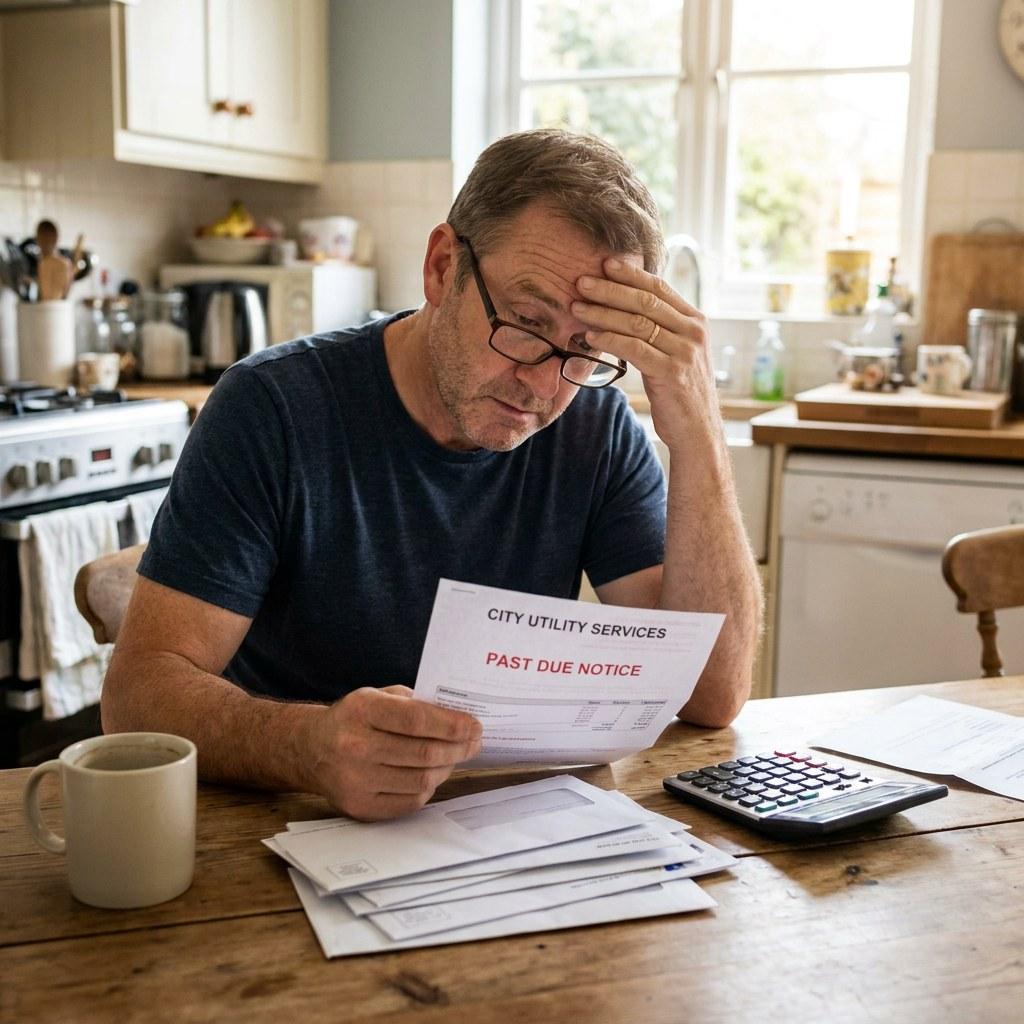 A homeowner reviewing a utility bill while sitting at a kitchen table
