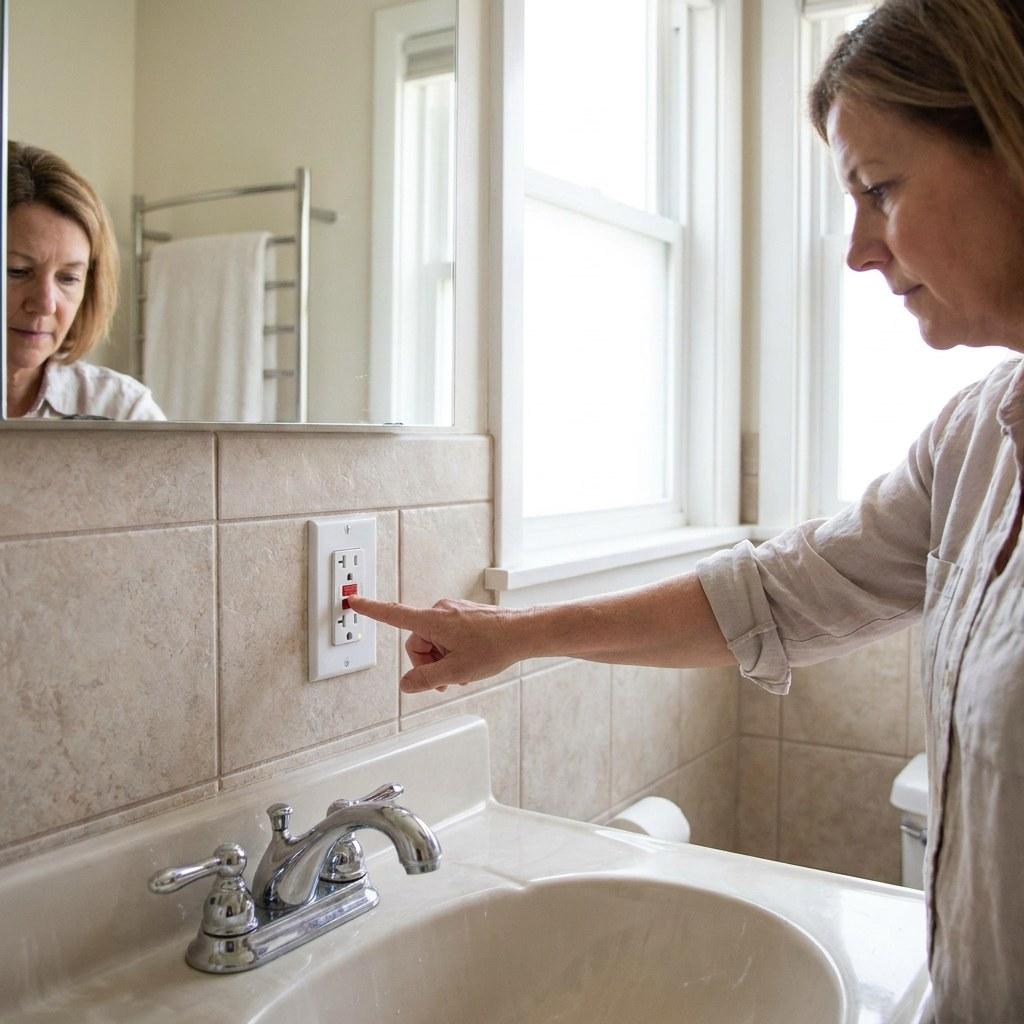 A person pressing the test button on a bathroom GFCI outlet