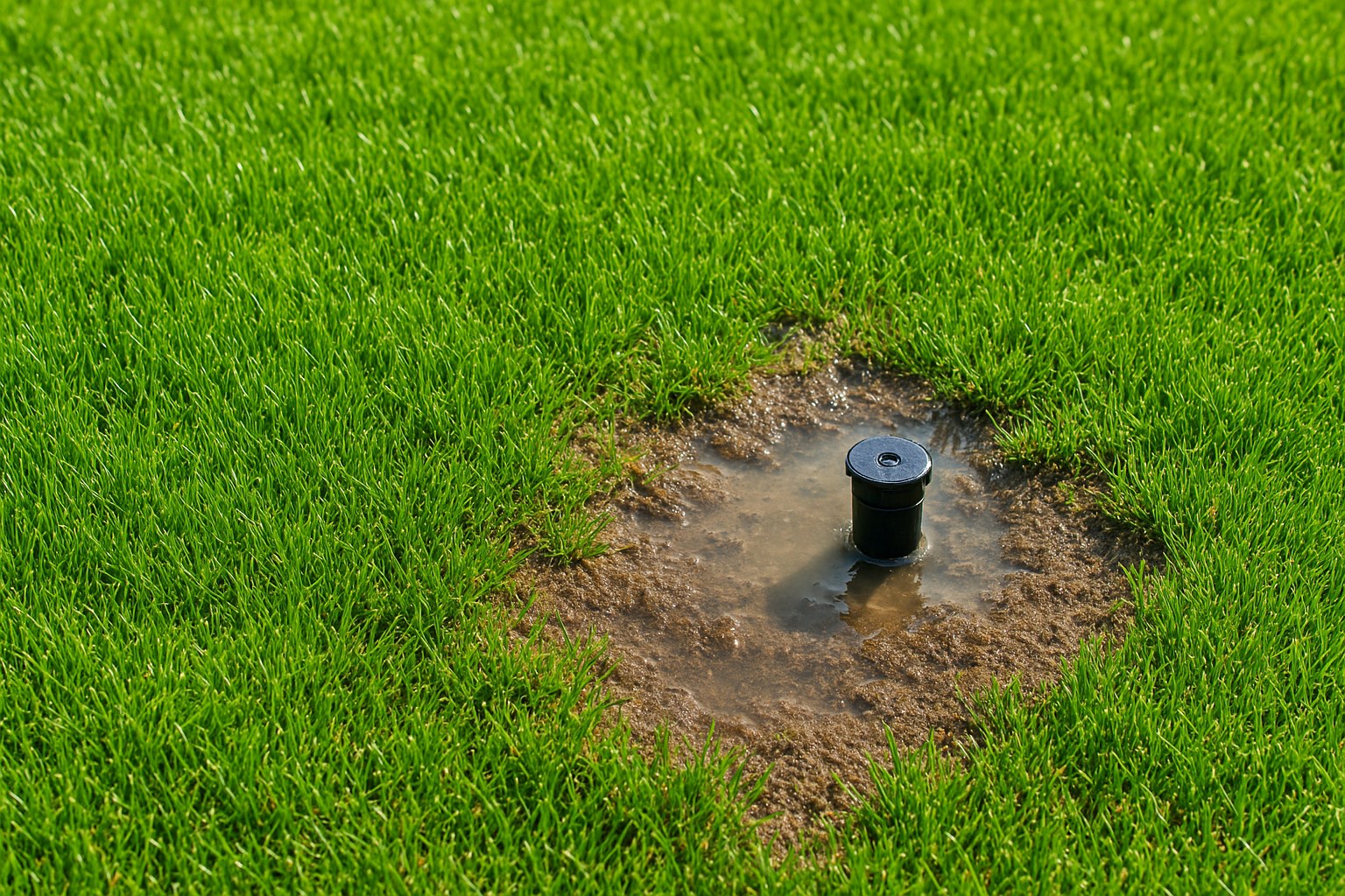 A soggy puddle in a green lawn indicating a sprinkler system leak