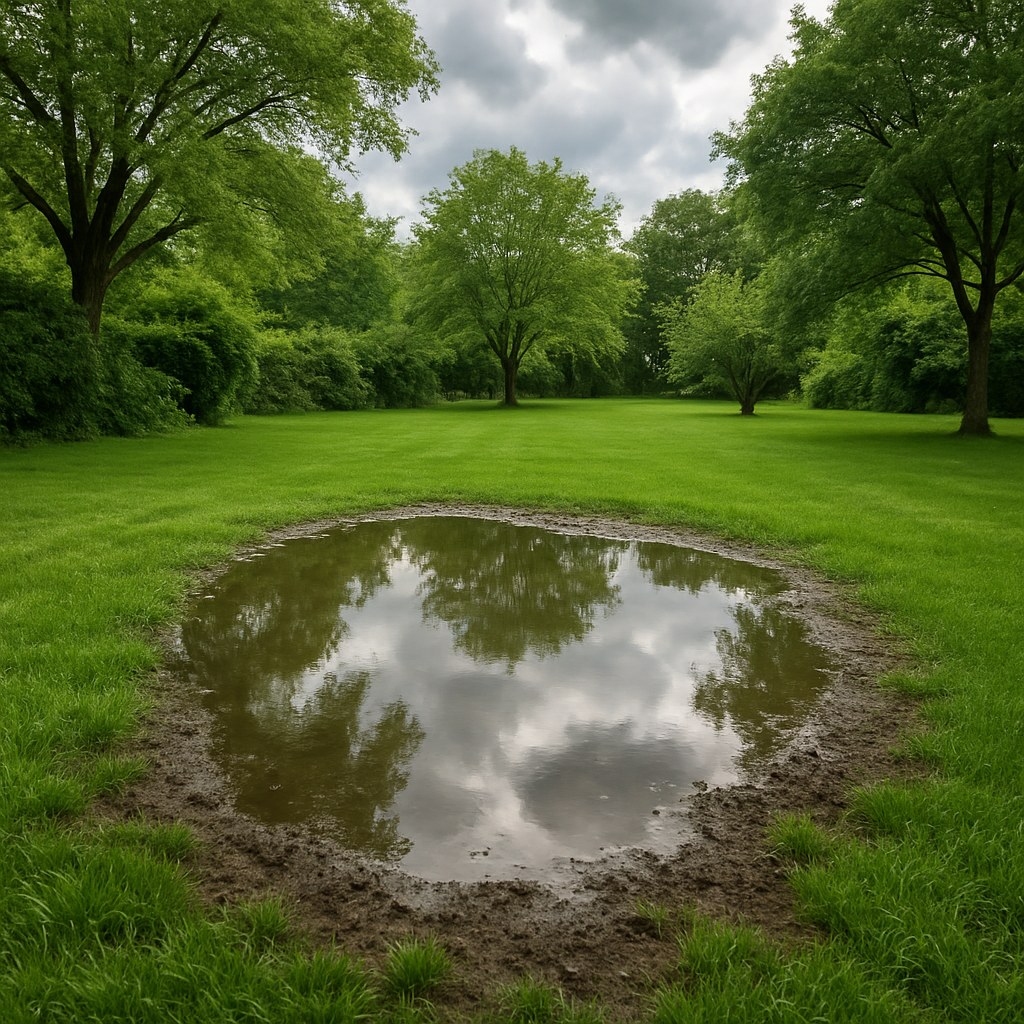 A large puddle of standing water on a green lawn after rainfall