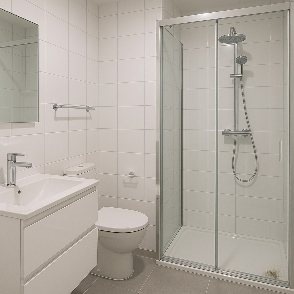 A small patch of mold growing on the grout lines of a bathroom shower tile.