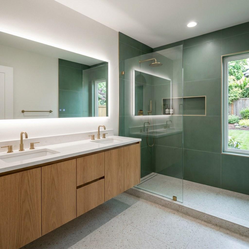 A completed residential bathroom remodel featuring clean tile work and a new vanity