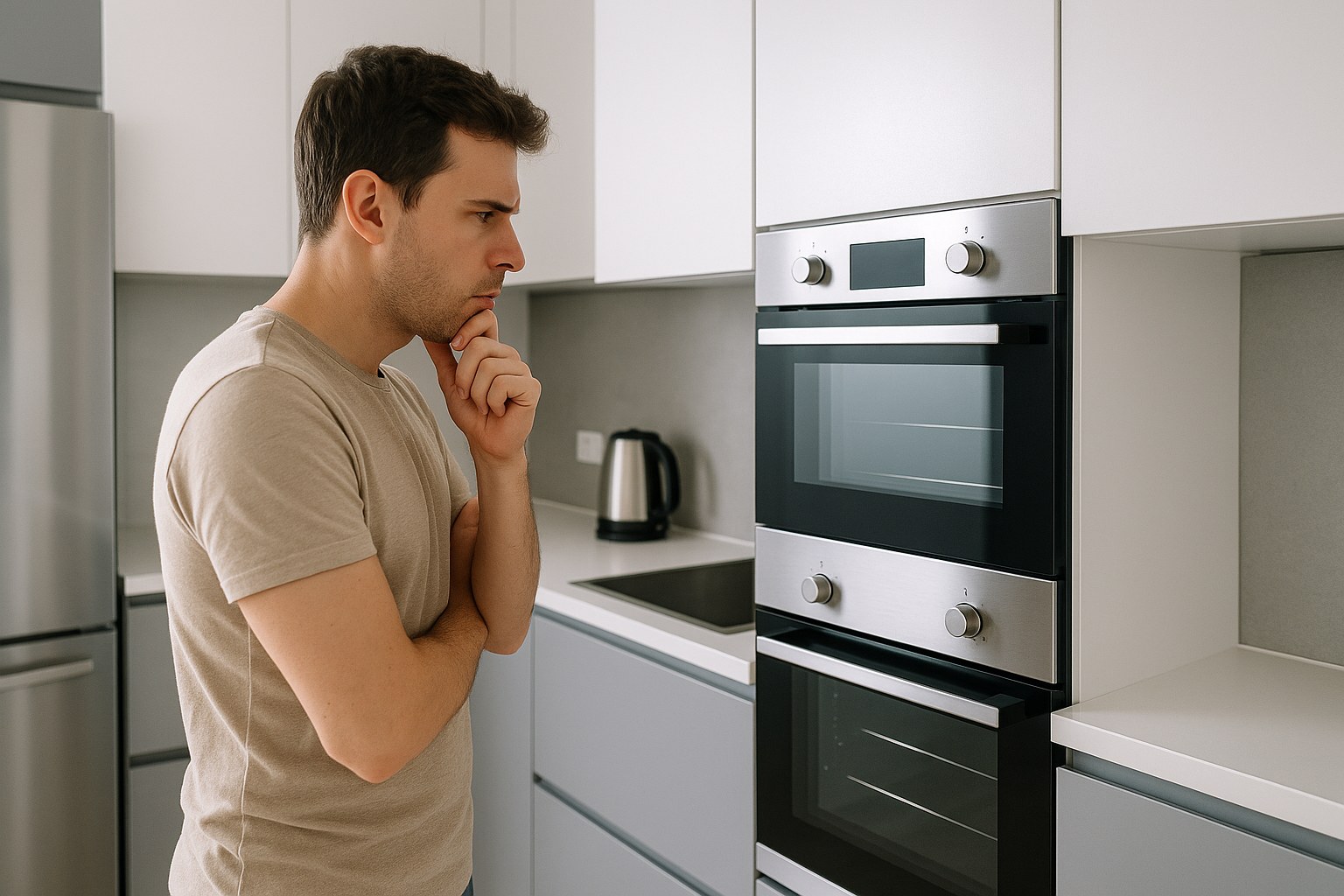 A person looking at an oven that will not turn on