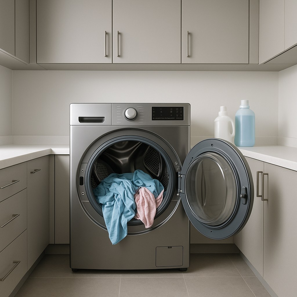 A dryer full of wet clothes that has failed to heat up and dry them.