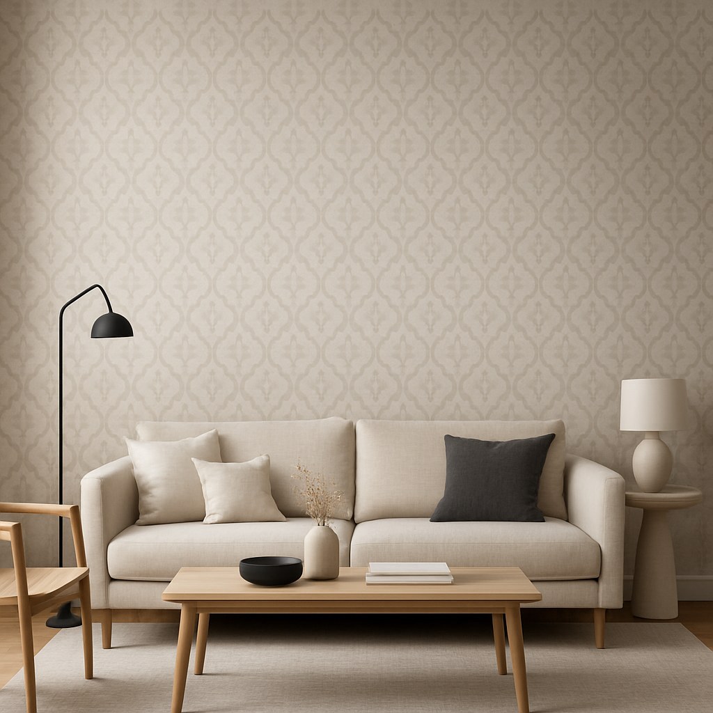 A stylish living room with a floral patterned wallpaper accent wall behind a sofa