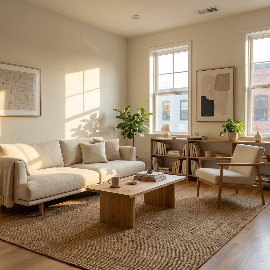 A bright and tidy living room representing a well-managed and peaceful home