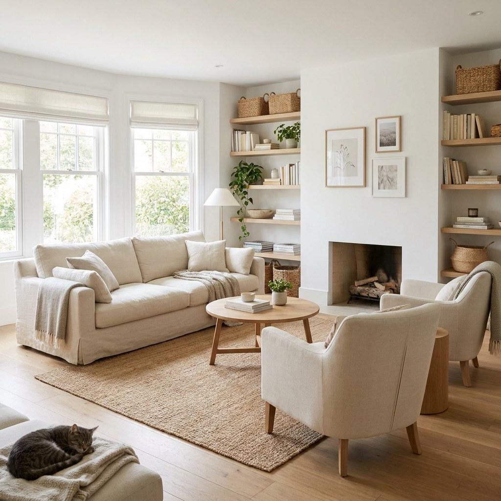 A comfortable, well-maintained living room bathed in natural sunlight