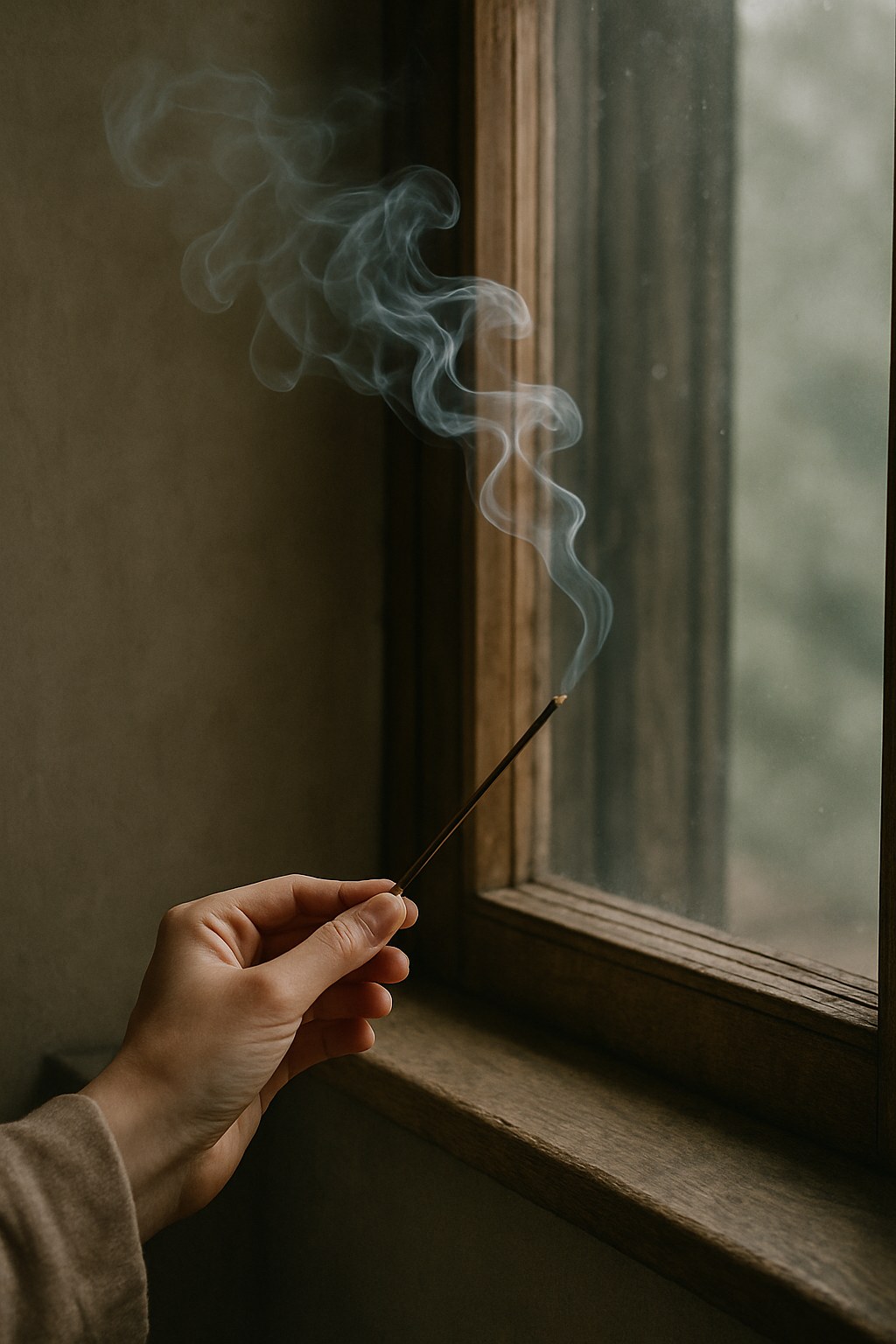 A person using an incense stick to detect an air leak from a window.