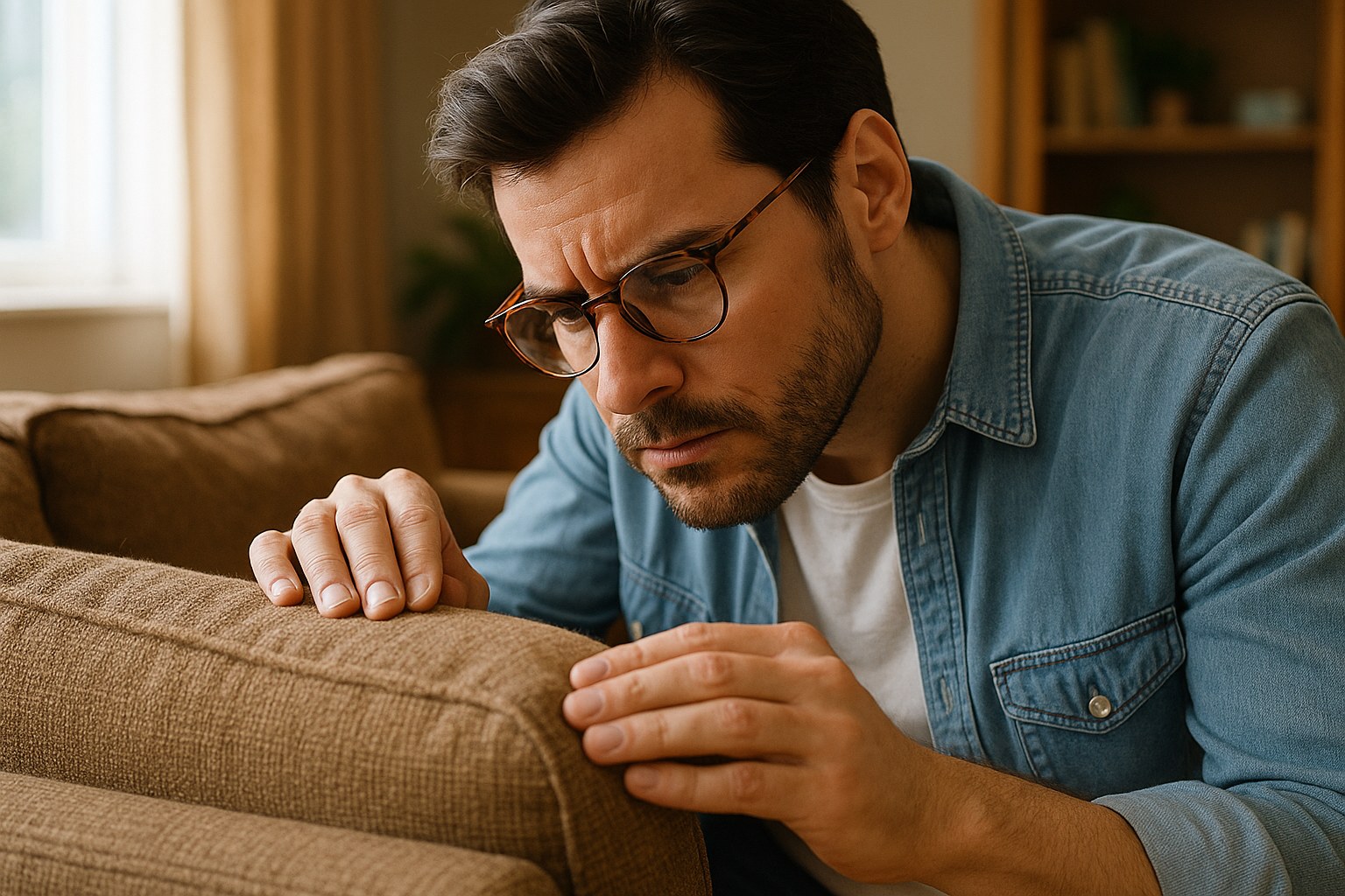 A person trying to identify a bad smell coming from their living room couch