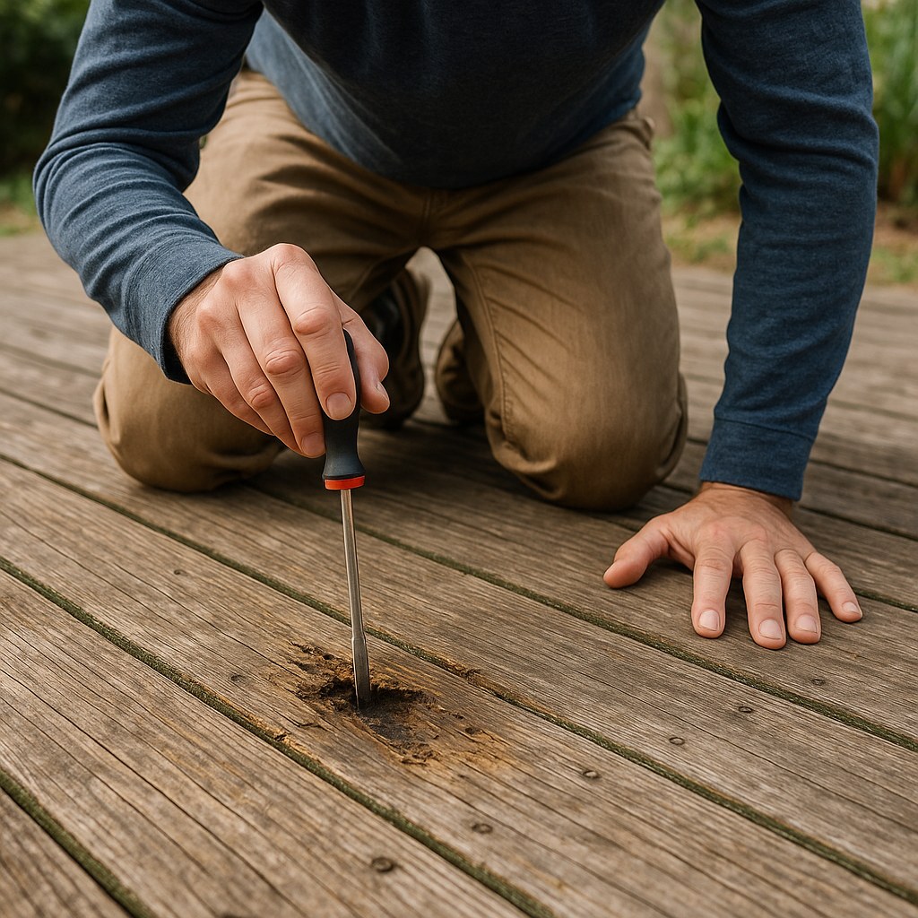 A homeowner inspecting a wooden deck for signs of rot.