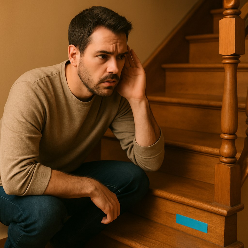 A person identifying a squeak on a wooden staircase.